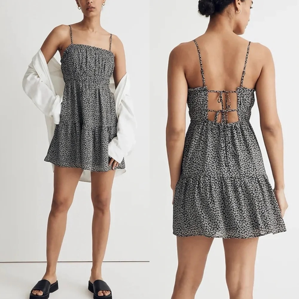 Madewell Sophia Cami Tiered Mini Dress in Micro Daisy Black Sz 16